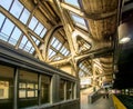 Landscape view of travelers on Platform D of Newark Penn Station in Newark, New Jersey