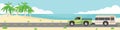 Landscape view of travels of truck car with motor home for banner. Asphalt road near the sae beach with small grass and coconut t