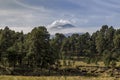 A landscape view with tree-covered rocky mountain slope and a dry grass field under a cloudy sky Royalty Free Stock Photo