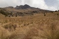 A landscape view with tree-covered rocky mountain slope and a dry grassland under a cloudy sky Royalty Free Stock Photo