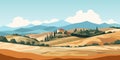 Landscape view of Tuscany hills. Italian countryside panorama with olive trees, old farmhouses and cypress. Rural