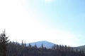 landscape view of the Ukrainian mountains with small houses, white swings and green firs and a blue sky with clouds. for postcards