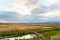 Landscape view of vineyards from the Castle of San Vicente de la Sonsierra in La Rioja, Spain. Royalty Free Stock Photo