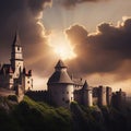 Landscape view of vintage Middle Ages castle with scenic overlooks, created with generative AI technology