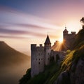 Landscape view of vintage Middle Ages castle with scenic overlooks, created with generative AI technology