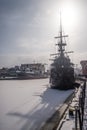 Winter scene - landscape waterfont in Gdansk with ships Royalty Free Stock Photo