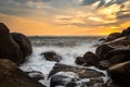 Landscape view of the waves of the rocky beach at sunset