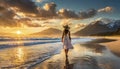 Landscape View of a Woman Walking Along a Beach, With Waves Coming in, At Sunset Royalty Free Stock Photo