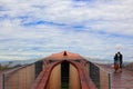 Landscape view, wooden floor, boat head, sky background, beautiful white clouds, outdoor Royalty Free Stock Photo