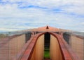 Landscape view, wooden walkway, boat head, sky background, beautiful white clouds Royalty Free Stock Photo