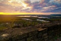 Landscape view from Wyalusing State Park by capture sunrise or sunset over the lake in cloudy day with old brick wall at Royalty Free Stock Photo