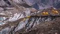 Landscape view of yellow tents in Everest Base Camp.