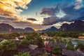 Landscape Viewpoint and beautiful sunset at Vang Vieng, Laos. Royalty Free Stock Photo