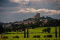 Landscape and village of chateauneuf de pape , with vineyards and countryside ,provence ,vaucluse france