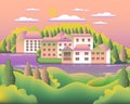 Landscape village, hills, trees, river, lake, forest. Rural valley Farm countryside with house, farm, building in flat style