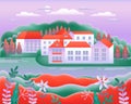 Landscape village, hills, trees, river, lake, forest. Rural valley Farm countryside with house, farm, building in flat style