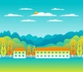 Landscape village, mountains, hills, trees, forest. Minimal rural valley scene. Farm countryside with house, building in flat Royalty Free Stock Photo