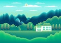 Landscape village, mountains, hills, trees, forest. Rural valley scene Farm countryside with house, building in flat style design Royalty Free Stock Photo