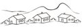 Landscape, village, three house, line art, black and white colors, eps.