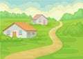 Landscape of village with two small houses, ground road, green grass and bushes. Natural scenery. Flat vector design
