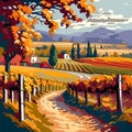 Landscape with of vineyard. Background village with fields of greenhouses and grapes in the foreground. landscape with