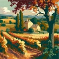 Landscape with of vineyard. Background village with fields of greenhouses and grapes in the foreground. landscape with