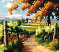 Landscape with of vineyard. Background village with fields of greenhouses and grapes in the foreground. landscape with