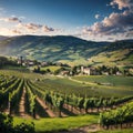 Landscape with vineyards and houses near beaujolais wine making village Val d\'Oingt, gateway to Beaujolais Wine Route Royalty Free Stock Photo