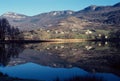 Landscape of vineyards, village and lake in France