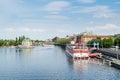 Landscape of Vltava river and buildings at the riverside, View from the MÃÂ¡nes Bridge, in the old town of Prague, Czech Royalty Free Stock Photo