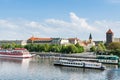 Landscape of Vltava river and buildings at the riverside, View from the MÃÂ¡nes Bridge, in the old town of Prague, Czech Royalty Free Stock Photo