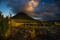 The landscape of volcan Arenal during sunset, as seen from the lake Arenal area, Costa Rica Royalty Free Stock Photo