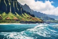 Landscape of the volcanic island of Kauai, Hawaii, USA, View on Na Pali Coast on Kauai island on Hawaii, AI Generated