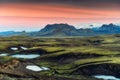 Landscape of volcanic mountain hill in remote wilderness on lava field in the sunset at Highlands of Iceland Royalty Free Stock Photo