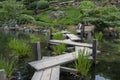 Landscape of walking path over pond in Japanischer Garten in Kaiserslautern Germany