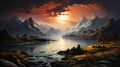 Antique Painting Of Majestic Mountains And Lake Royalty Free Stock Photo