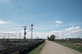 Landscape wallpaper. View of empty straight road. Birds flying in a blue sky with clouds