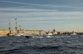 The landscape with warships in the Neva River before the holiday of the Russian Navy at sunny day, the latest cruisers