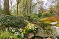 Landscape with a water creek in dutch spring Keukenhof Gardens in the Netherlands. Travel photo. Vertical