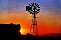 a water pump windmill at sunrise mixed media