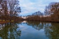 Landscape by the water. Stara Dyje river near Genoa castle in Czech republic. Trees are reflected in the river. Calm water. Royalty Free Stock Photo