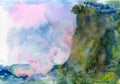 Landscape in watercolor, high coast by the stormy sea. Pink clouds. Royalty Free Stock Photo