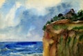 Landscape in watercolor, high coast by the stormy sea. Pink clouds. Royalty Free Stock Photo