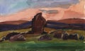 Landscape. Watercolor sketch of rocks at sunset. Menhirs, illustration.