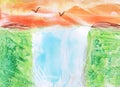 Landscape with waterfall and birds, beautiful nature. Encaustic, art decoration, sketch. Illustration hand drawn modern, hot wax