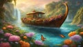 landscape with waterfall A fantasy boat on a sea of flowers, with waterfalls, butterflies, and fairies.