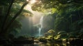 Landscape with a waterfall and a forest river, swimming in the forest, Japanese relaxation practice like shinrin-yoku. An easy way