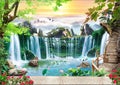 Landscape with waterfall at sunset. Heaven on earth Royalty Free Stock Photo