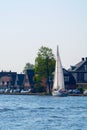 Landscape with waterways and canals of North Holland with boats, canal-side lifestyle in the Netherlands