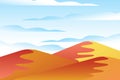 Landscape with waves. Blue sun set sky. Yellow, orange, pink and red mountains silhouette. Sandy desert dunes. Nature and ecology Royalty Free Stock Photo